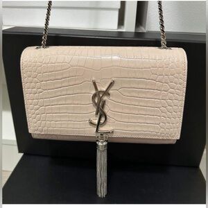 Yves Saint Laurent “Kate” Beige Croc-Embossed Chain Bag